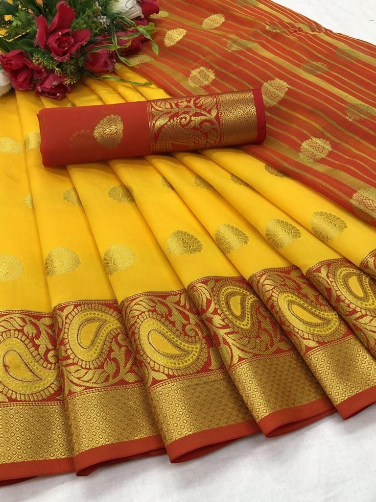 Lichi Mango Saree - Soft Lichi Silk With Zari Weaving Border | Breathable, Washable, All-season Design, Beautiful Butta Weaving