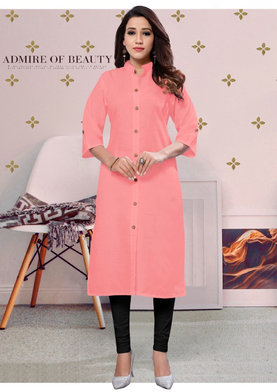 Plain Kurti - Rubi Cotton, Sizes S-xxxl, Length 42 Inches, Monsoon Special Colors, Wooden Button With Pocket, Washable Daily Wear For Ladies