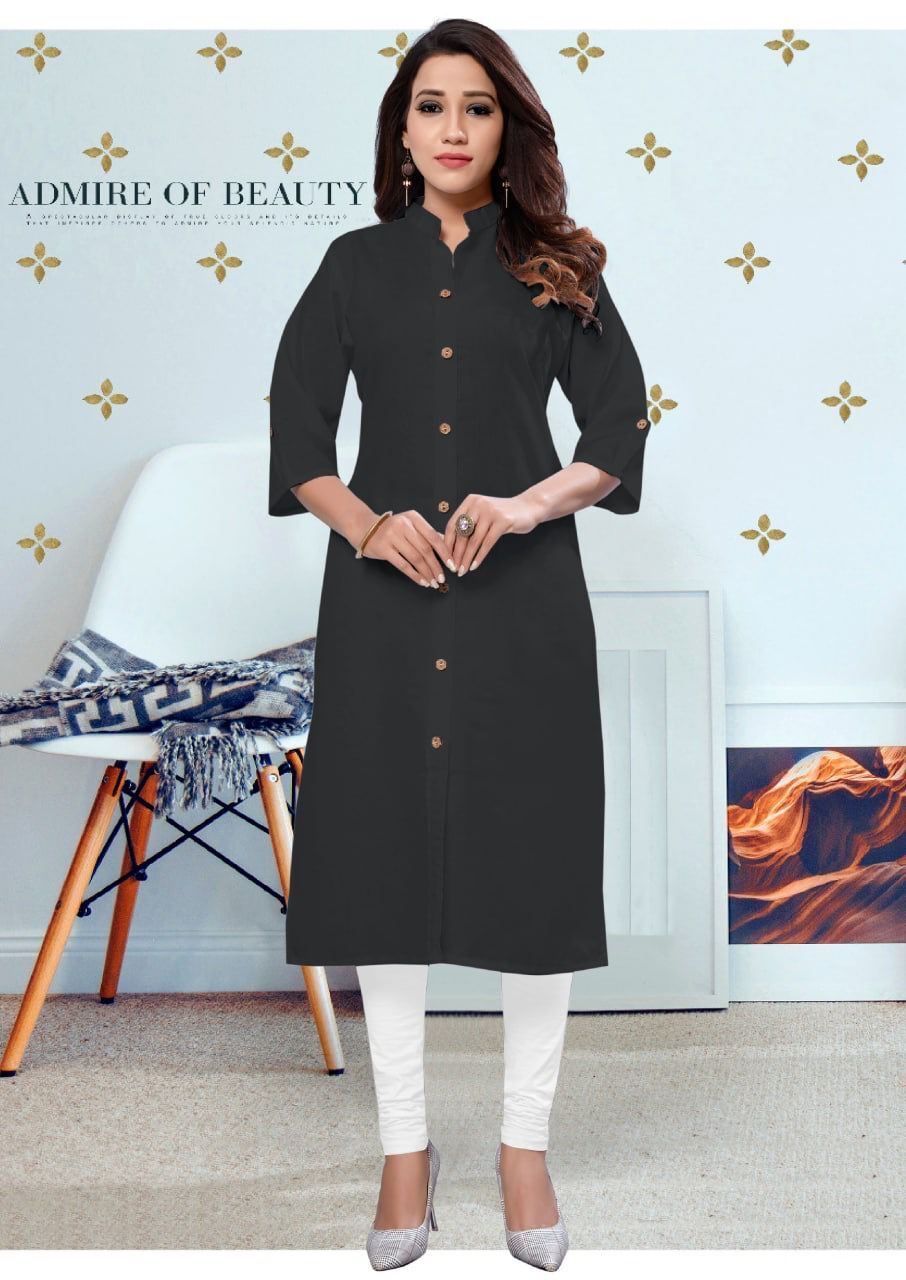 Plain Kurti - Rubi Cotton, Sizes S-xxxl, Length 42 Inches, Monsoon Special Colors, Wooden Button With Pocket, Washable Daily Wear For Ladies