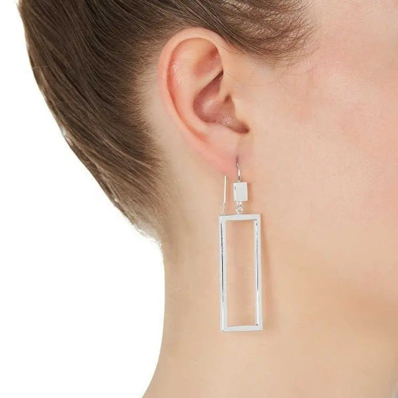 Sterling Silver - Handmade Cut Out Swinging Cuboid Rectangle Bar Earrings | Resizable Available In Silver Yellow Gold Rose Gold Black