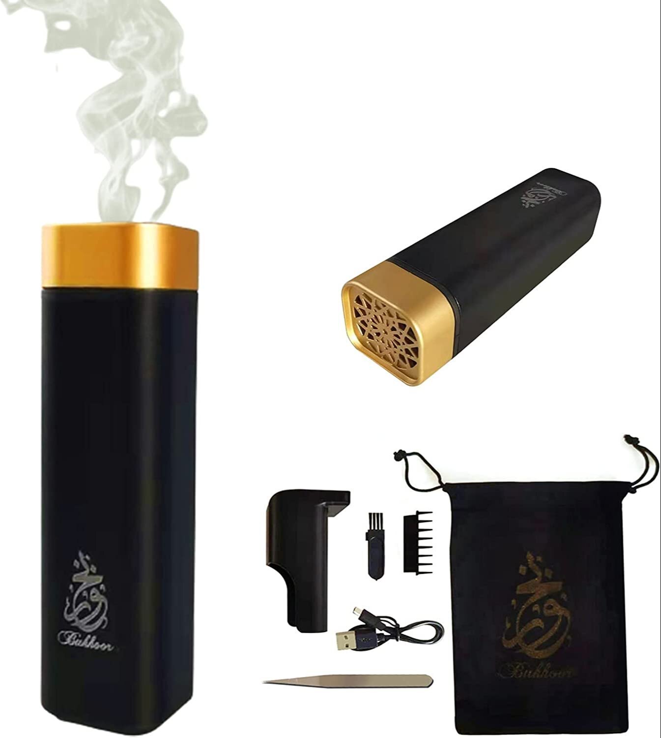Portable Rechargeable Bakhoordani - Ceramic & Abs Plastic, 13 X 3.5 X 3 Cm | Golden & Black, Multi-usage, Preserves Luxurious Scent