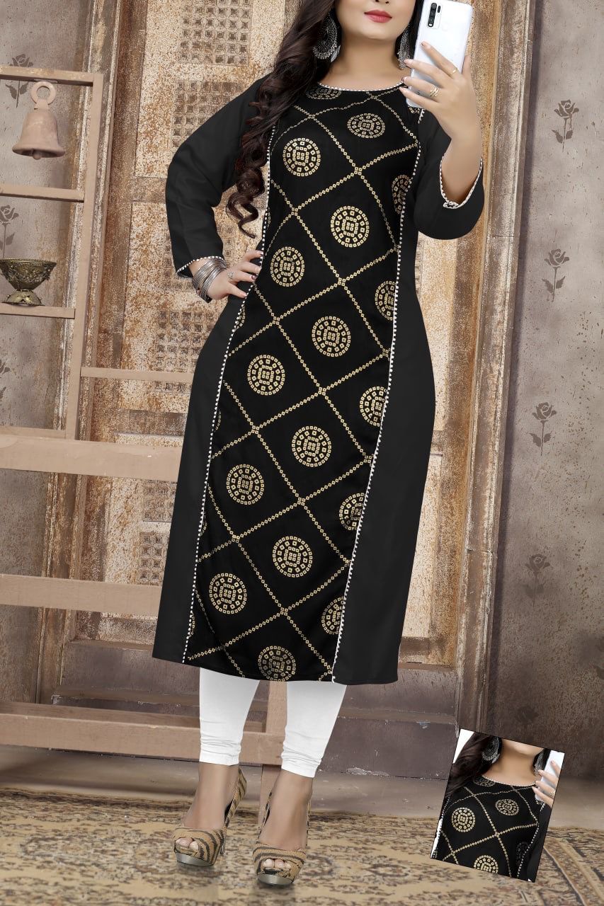 Selfie Kurti - 14kg Rayon Fabric, Size M 38 - Xl 42 , Modern Foil Printed Design, Ladies Casual Wear, Length 44 Inch, Washable Style