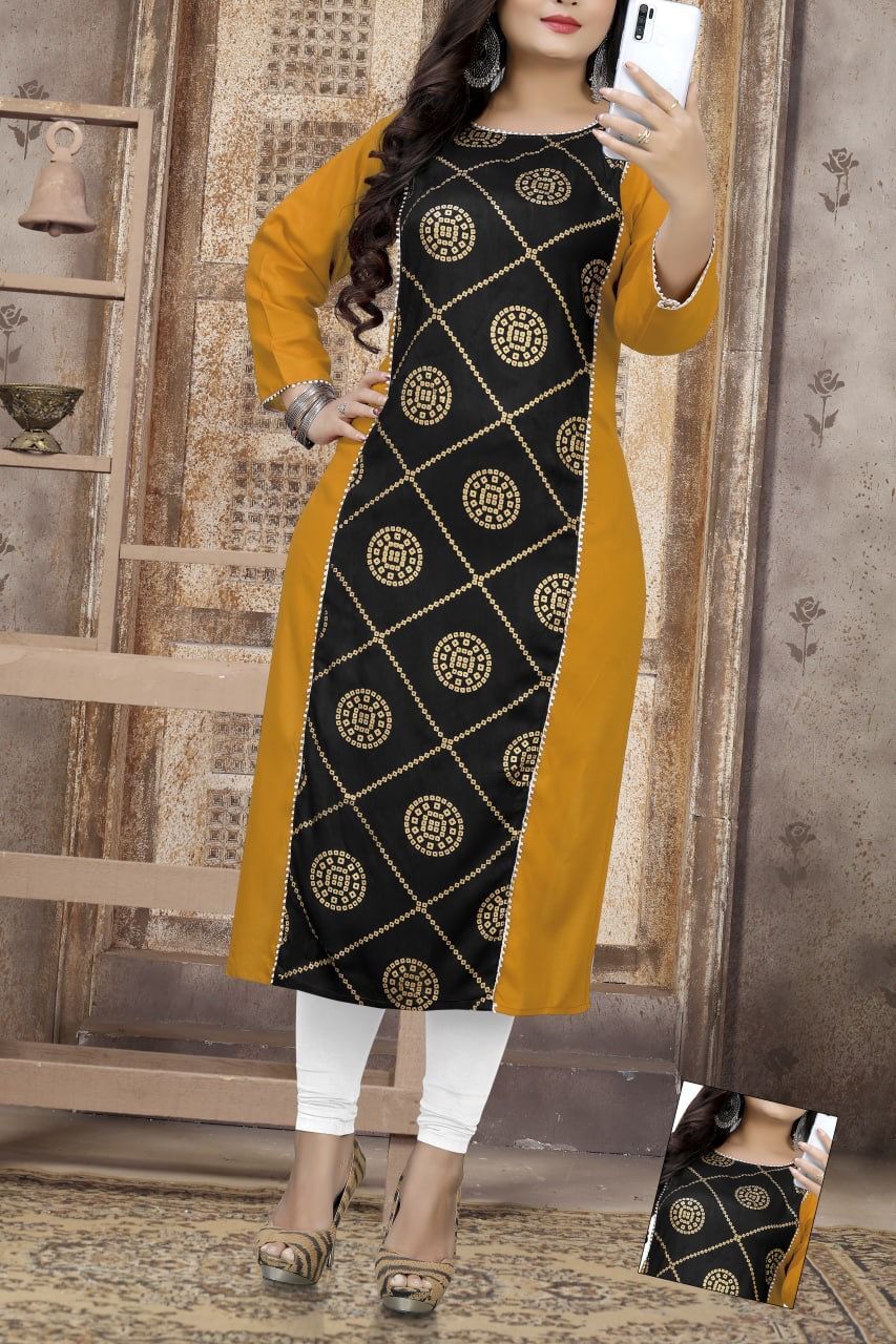 Selfie Kurti - 14kg Rayon Fabric, Size M 38 - Xl 42 , Modern Foil Printed Design, Ladies Casual Wear, Length 44 Inch, Washable Style