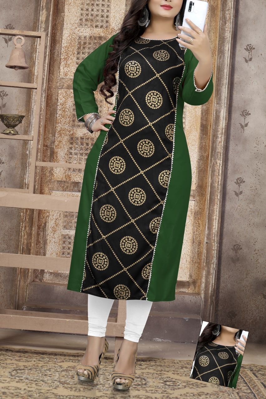 Selfie Kurti - 14kg Rayon Fabric, Size M 38 - Xl 42 , Modern Foil Printed Design, Ladies Casual Wear, Length 44 Inch, Washable Style