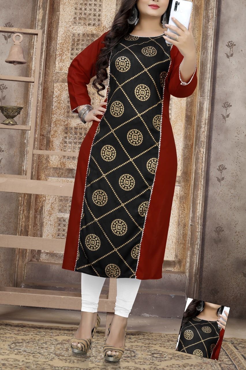 Selfie Kurti - 14kg Rayon Fabric, Size M 38 - Xl 42 , Modern Foil Printed Design, Ladies Casual Wear, Length 44 Inch, Washable Style