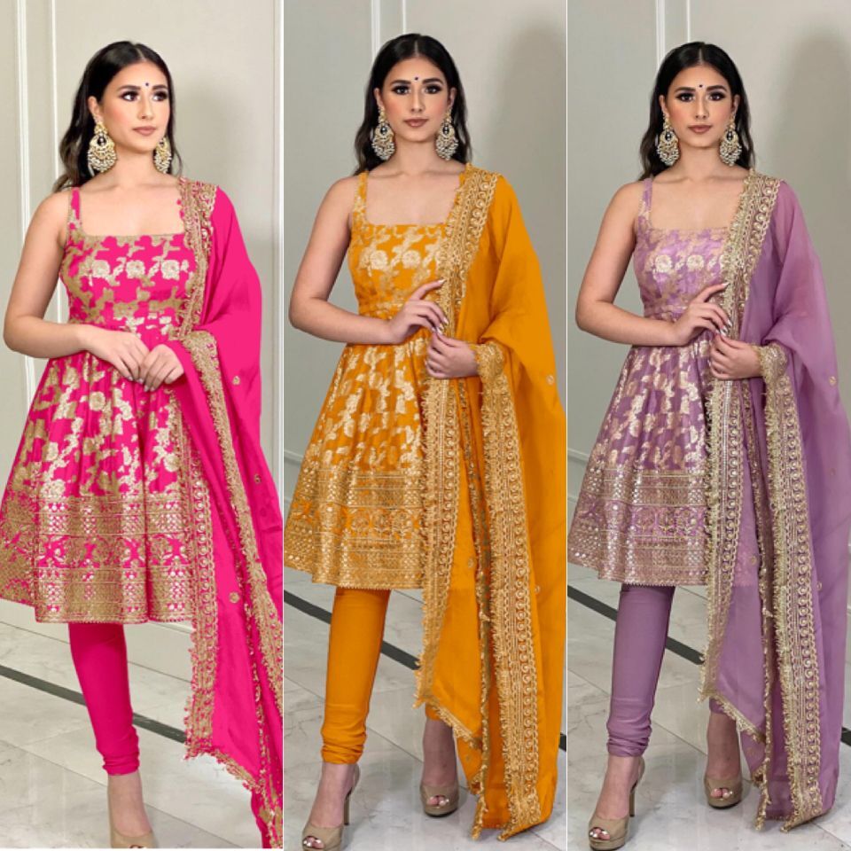 Party Wear Top - Faux Georgette With 5mm Embroidery Sequence Work, Micro Cotton Inner, Full-stitched, 42-43 Inches Length, 3 Meter Flair, Lace Border Dupatta