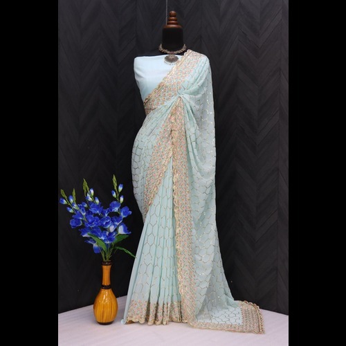 Faux Georgette - 5.50 Mtr Pink Saree With 3 Mm Sequins And Multicolour Thread Work, Satin Banglori Silk Blouse, Traditional Style, Semi-transparent