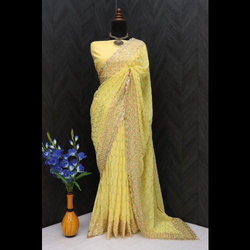 Faux Georgette - 5.50 Mtr Pink Saree With 3 Mm Sequins And Multicolour Thread Work, Satin Banglori Silk Blouse, Traditional Style, Semi-transparent
