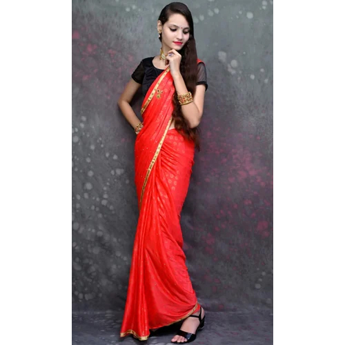 Ladies Red Plain Silk Saree - Silk Fabric Beautiful Red Color Perfect For Weddings And Festive Occasions
