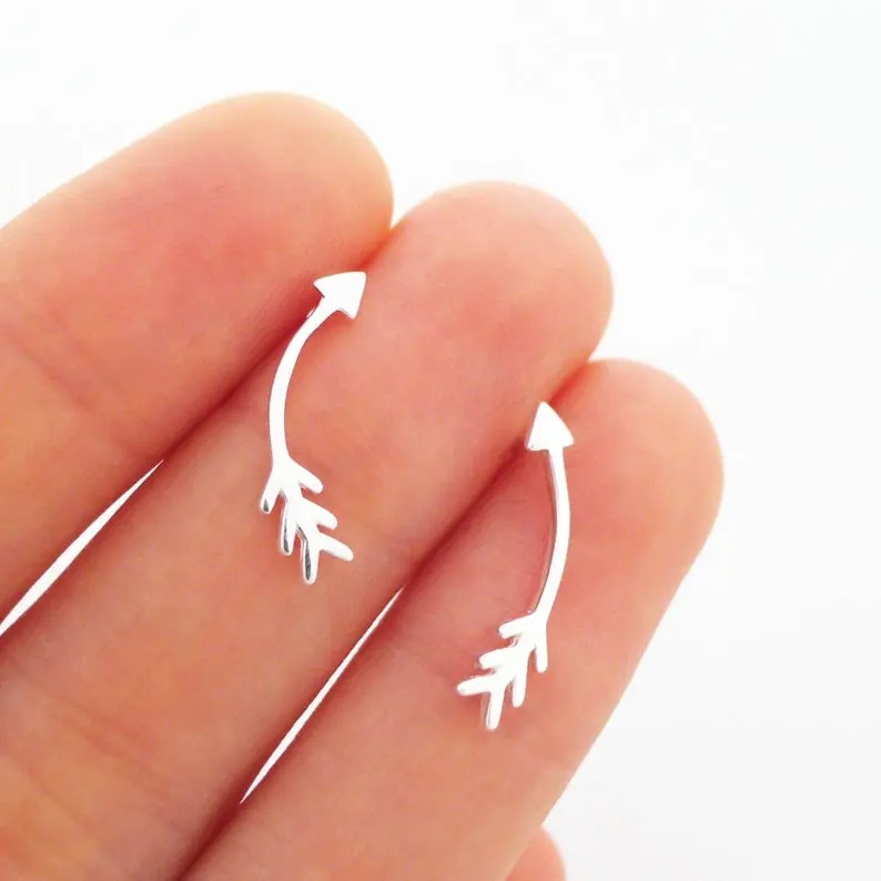 925 Sterling Silver - Resizable Curvy Bent Arrow Head Tail Stud Earrings | Handmade Design Available In Silver Yellow Gold Rose Gold And Black Finish