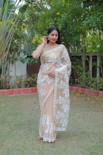 Designer Net Saree - Banglori Silkwork, Embroidered Piping Detail , Bollywood Party Wear Style