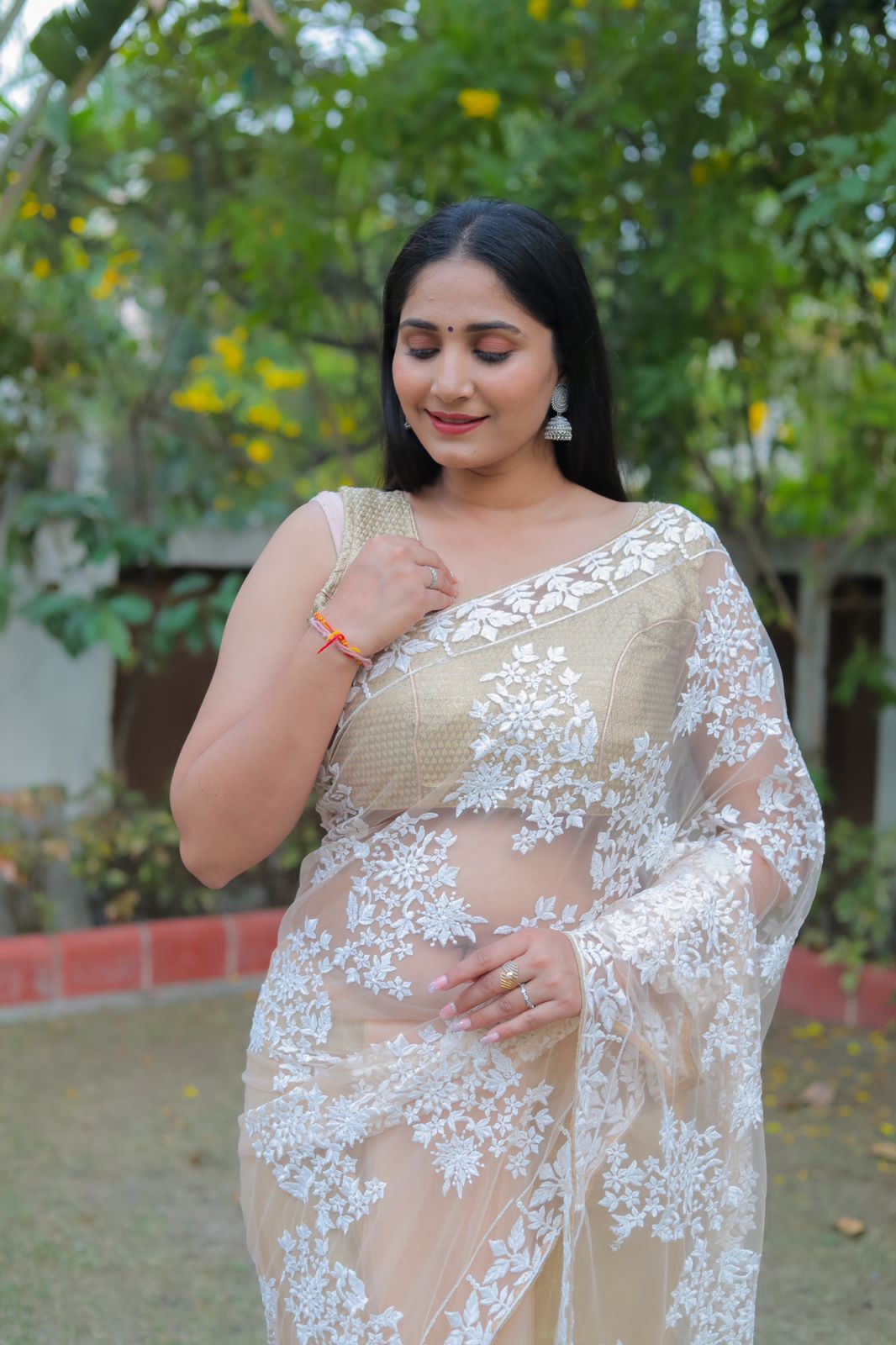 Designer Net Saree - Banglori Silkwork, Embroidered Piping Detail , Bollywood Party Wear Style