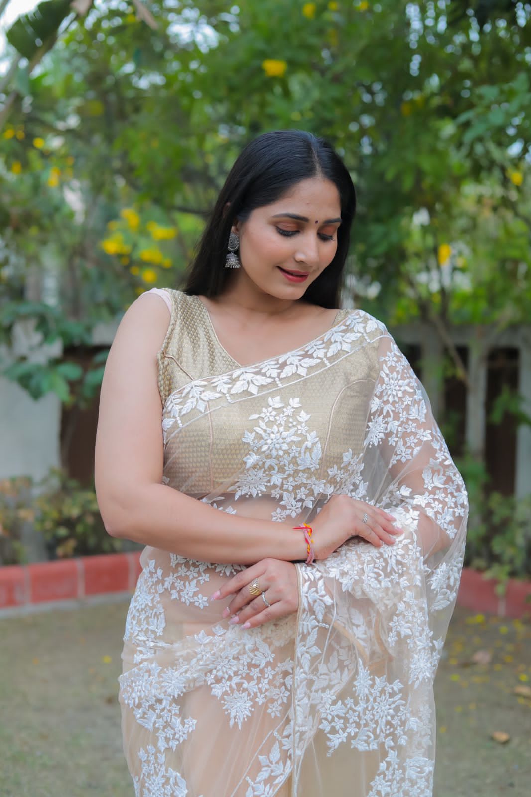 Designer Net Saree - Banglori Silkwork, Embroidered Piping Detail , Bollywood Party Wear Style