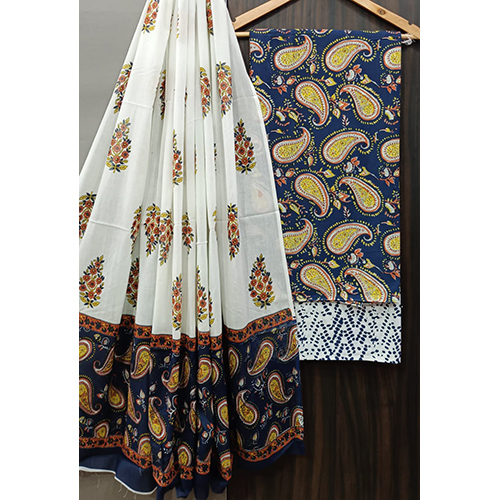 Washable Hand-block Printed Suit Unstitched (With Cotton Dupatta)