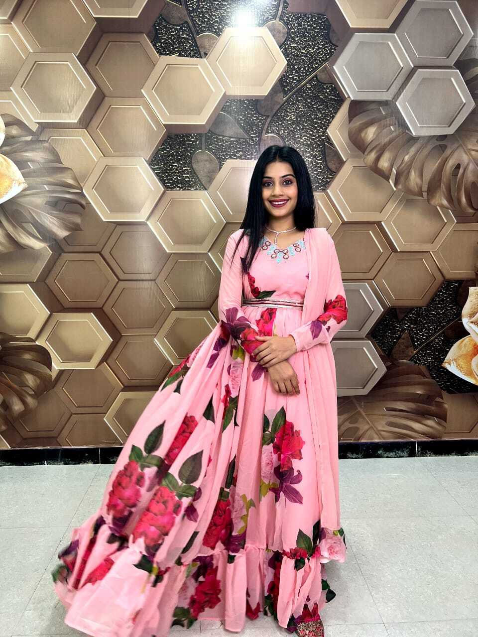 Long Gown - Fox Georgette, 58 Inch Length, L-xxl Sizes | Full Stitching, 5mm Sequin Embroidery, Washable, All Season, 22 Inch Ruffle Dupatta