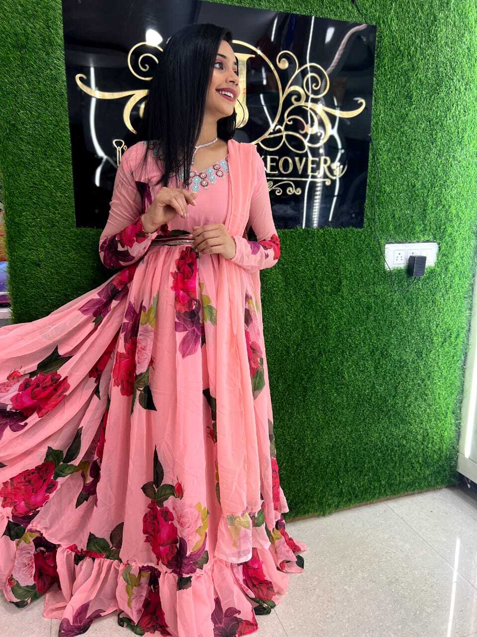 Long Gown - Fox Georgette, 58 Inch Length, L-xxl Sizes | Full Stitching, 5mm Sequin Embroidery, Washable, All Season, 22 Inch Ruffle Dupatta