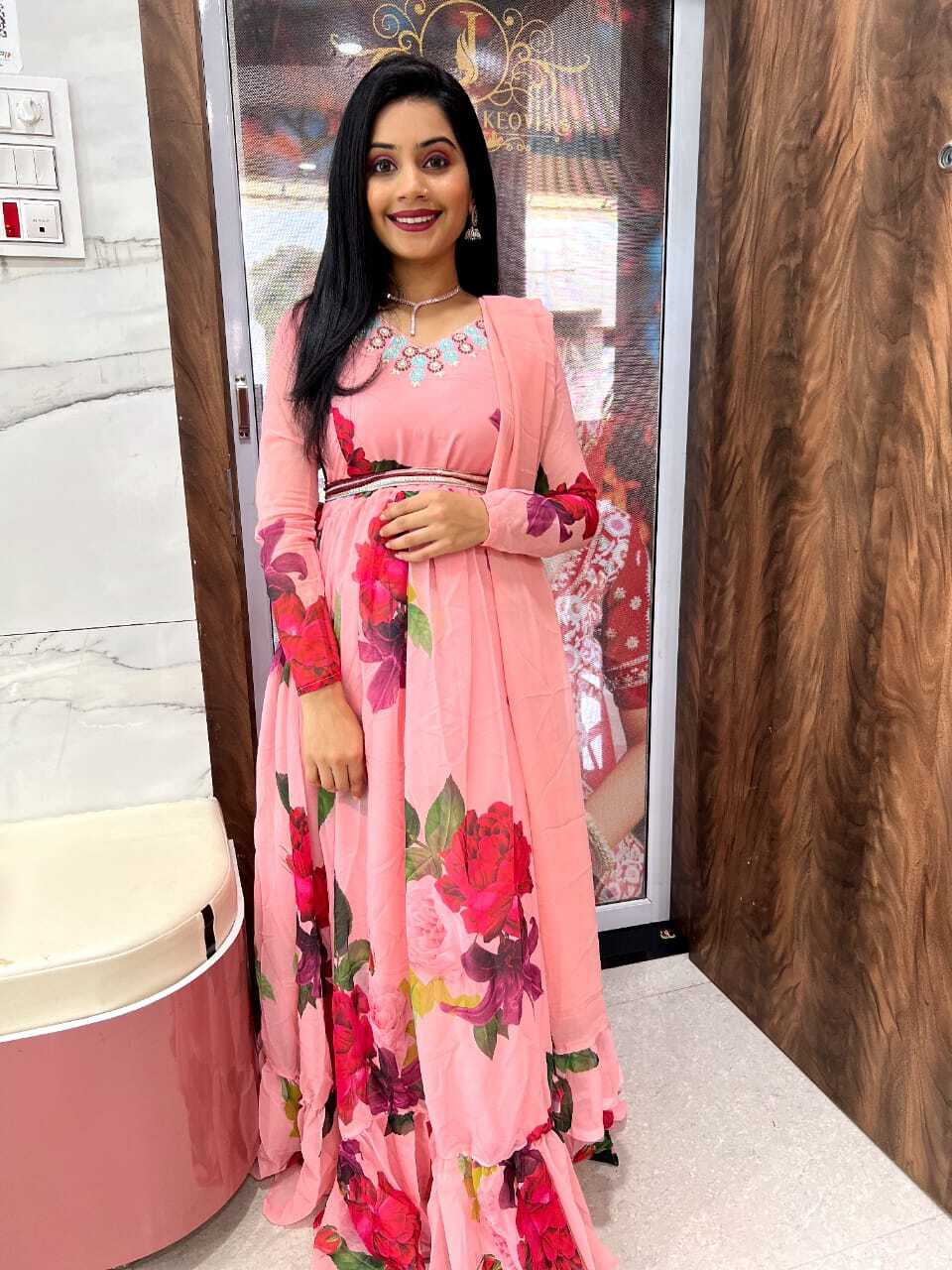 Long Gown - Fox Georgette, 58 Inch Length, L-xxl Sizes | Full Stitching, 5mm Sequin Embroidery, Washable, All Season, 22 Inch Ruffle Dupatta