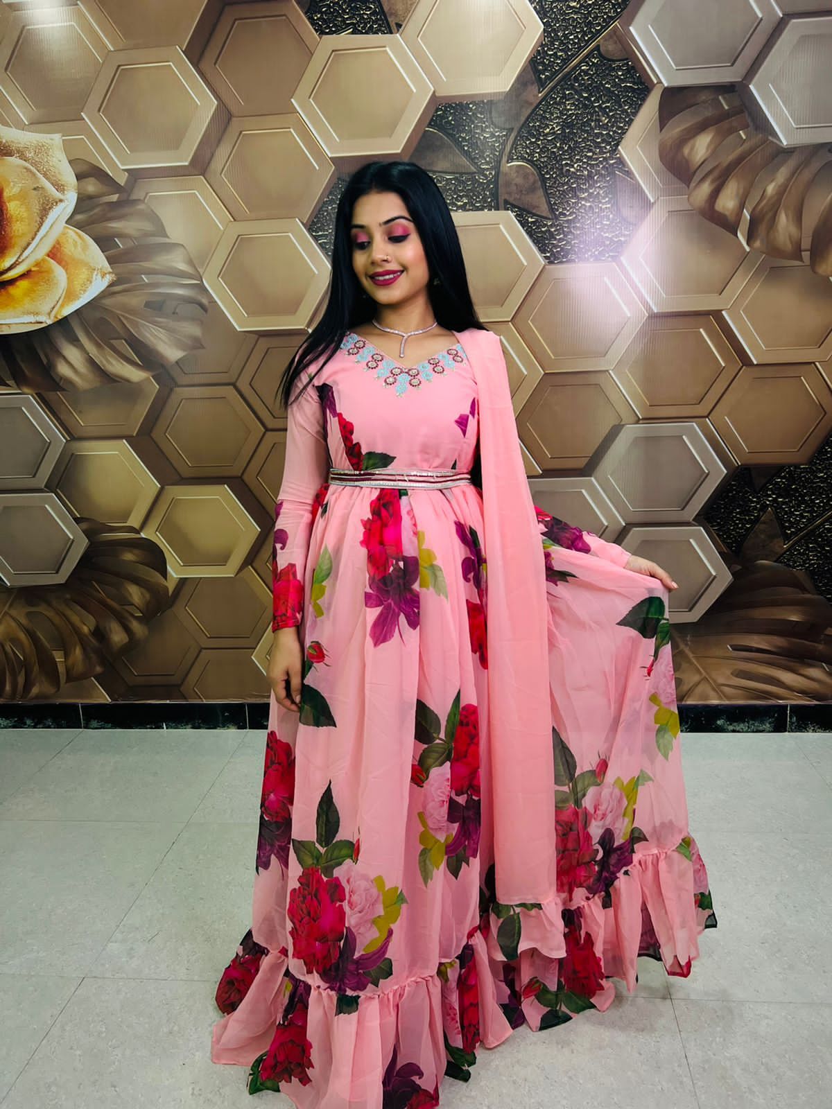 Long Gown - Fox Georgette, 58 Inch Length, L-xxl Sizes | Full Stitching, 5mm Sequin Embroidery, Washable, All Season, 22 Inch Ruffle Dupatta