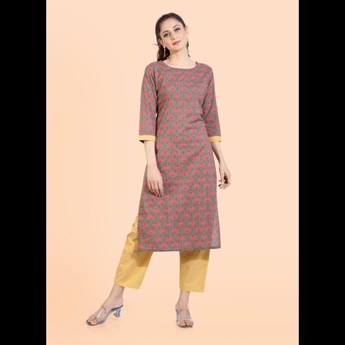 Ladies Cotton Kurti - Cotton, M L Xl Sizes, Knee-length, White With Blue Floral Print | Comfortable, Breathable, 3/4 Sleeves, Traditional Casual Wear