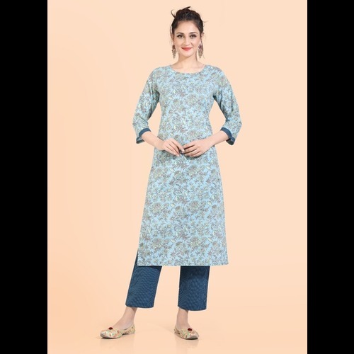 Ladies Cotton Kurti - Cotton, M L Xl Sizes, Knee-length, White With Blue Floral Print | Comfortable, Breathable, 3/4 Sleeves, Traditional Casual Wear