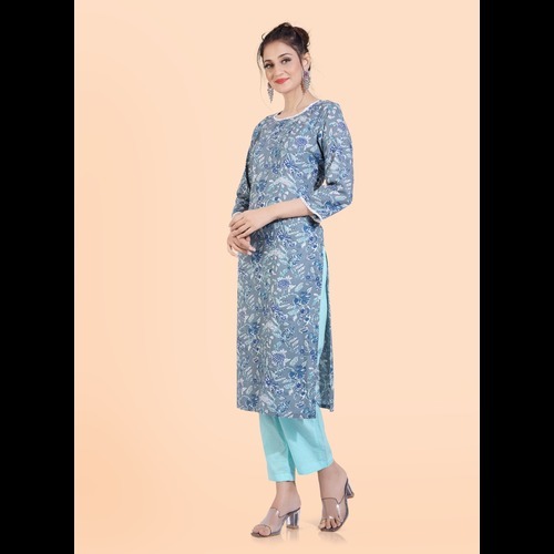 Ladies Cotton Kurti - Cotton, M L Xl Sizes, Knee-length, White With Blue Floral Print | Comfortable, Breathable, 3/4 Sleeves, Traditional Casual Wear