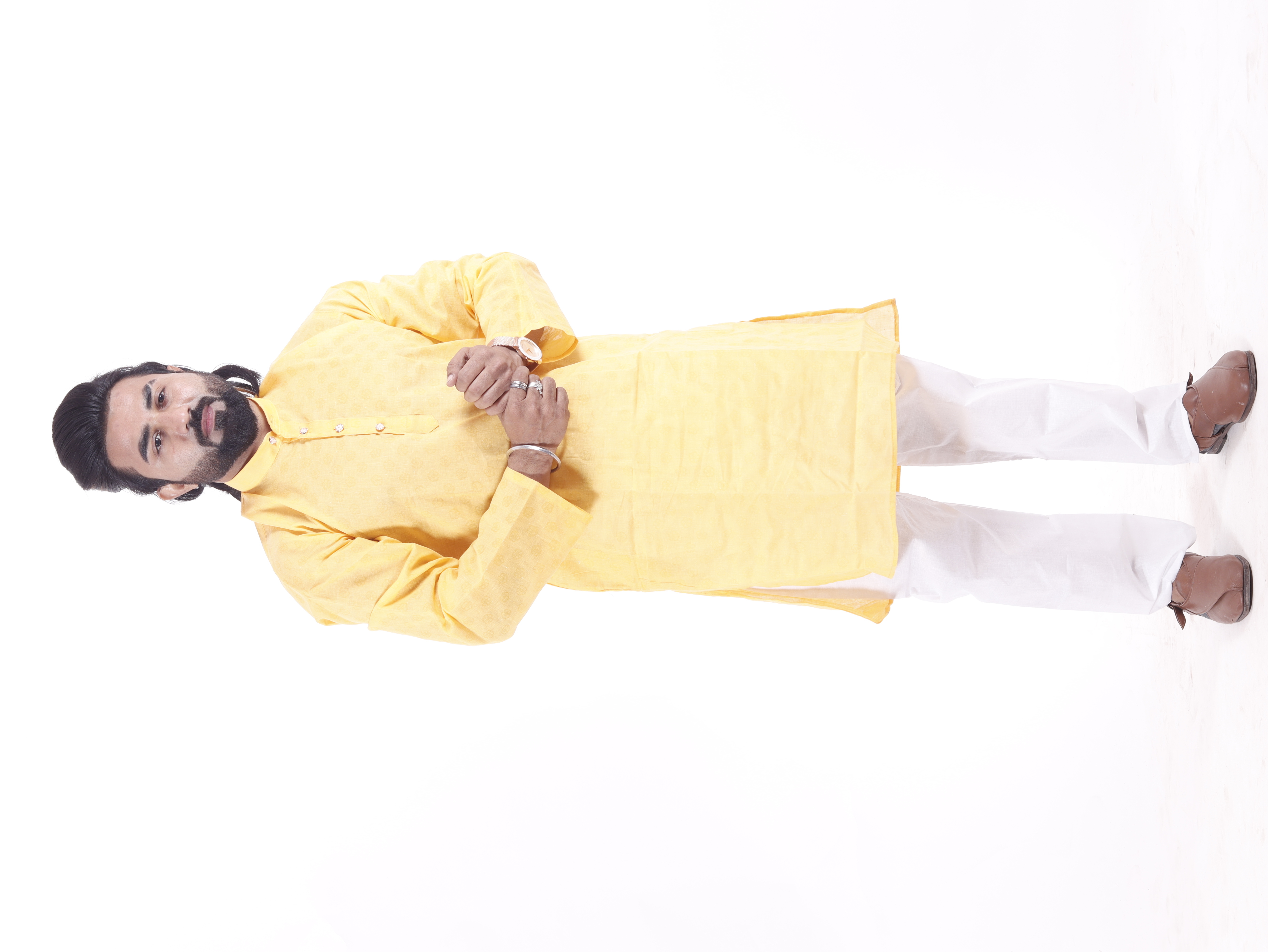 Self Print Kurta - Cotton, Sizes 38 To 44, Mandarin Collar, Yellow Color, Long Sleeve, Printed Pattern | Breathable, Quick Dry, Cool Dry, No Fade, Washable