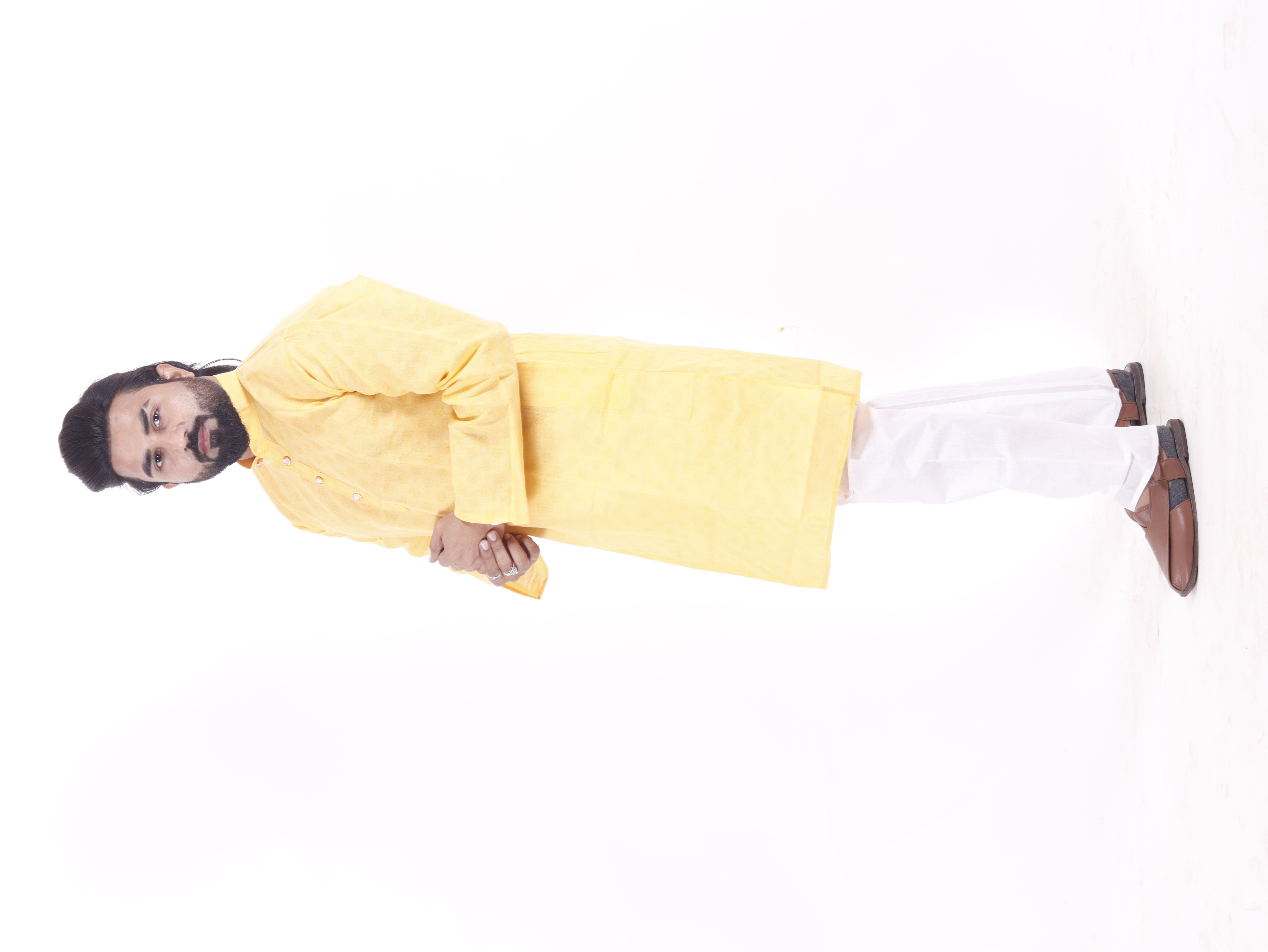 Self Print Kurta - Cotton, Sizes 38 To 44, Mandarin Collar, Yellow Color, Long Sleeve, Printed Pattern | Breathable, Quick Dry, Cool Dry, No Fade, Washable