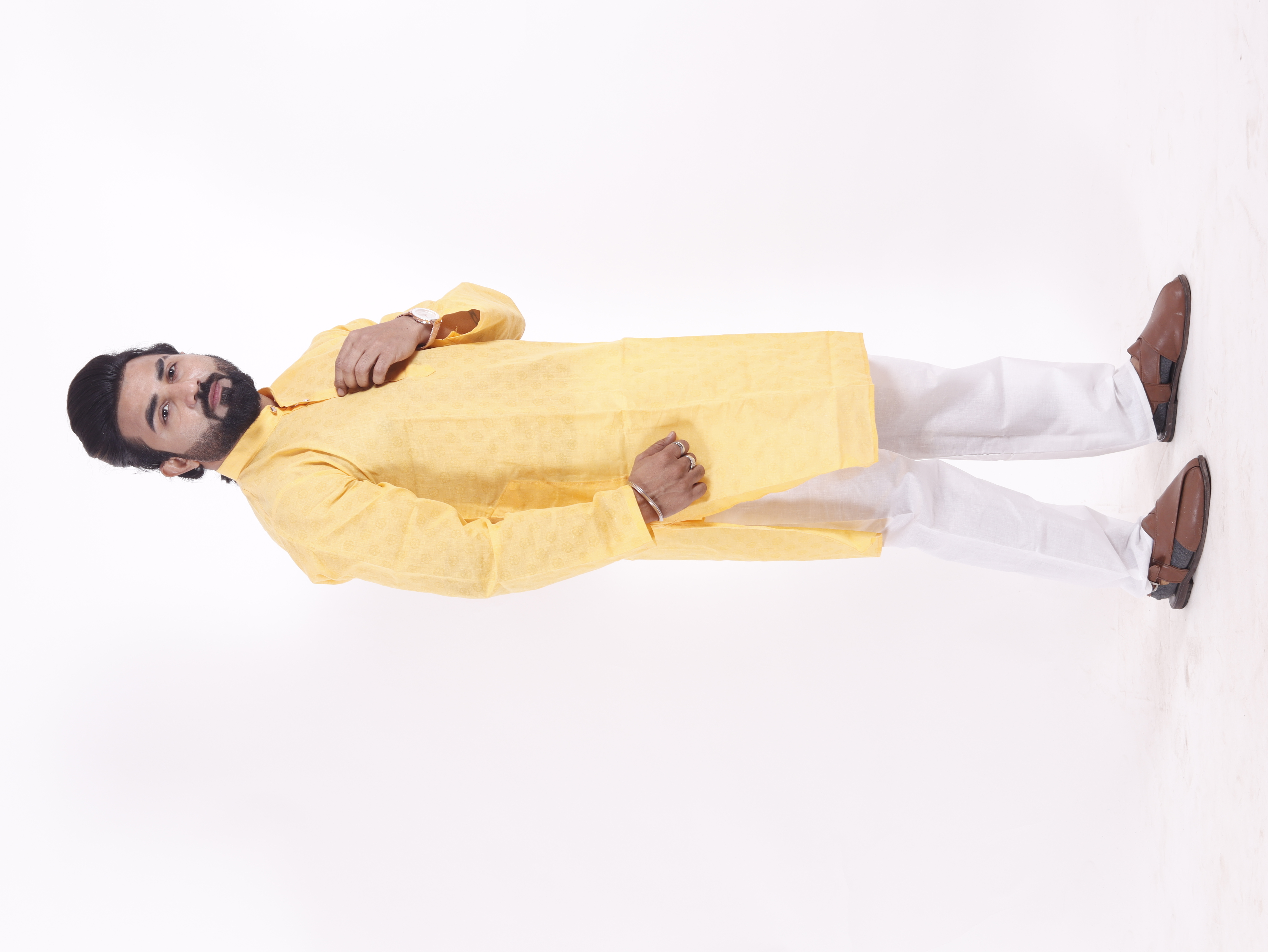 Self Print Kurta - Cotton, Sizes 38 To 44, Mandarin Collar, Yellow Color, Long Sleeve, Printed Pattern | Breathable, Quick Dry, Cool Dry, No Fade, Washable