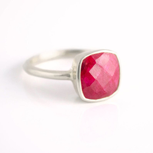 Dyed Ruby 10mm Cushion Shape Sterling Silver Ring - Gold, Rose Gold, Silver Bezel Setting