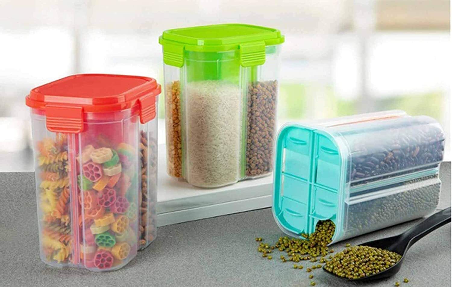 4 Section Food Storage Jar - Non-toxic Abs Plastic, 2000ml | Airtight Clip Lock, Multi-color, Easy To Clean, Freezer & Microwave Safe