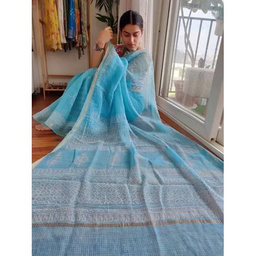 ब्लू प्योर हैंड ब्लॉक बगरू प्रिंटेड कोटा डोरिया साड़ी