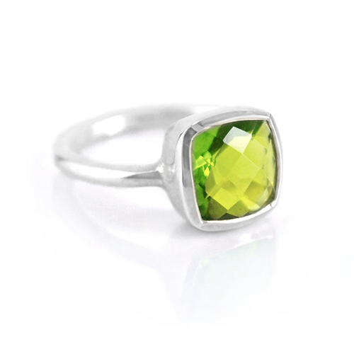 Peridot Quartz Cushion Shape Sterling Silver Gold Vermeil Ring Size: 10mm