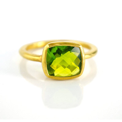 Peridot Quartz Cushion Shape Sterling Silver Gold Vermeil Ring Size: 10mm