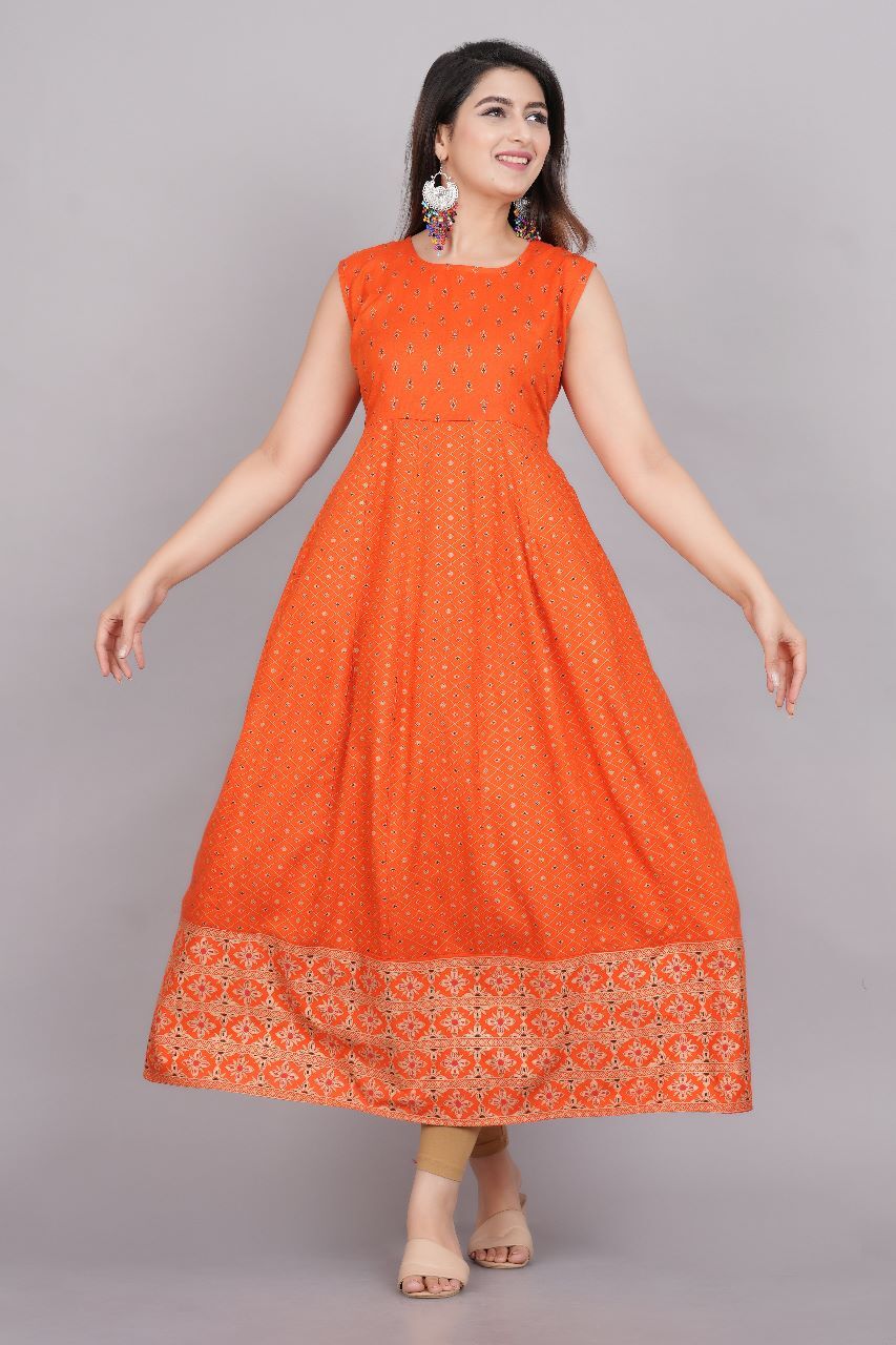 Long Gown - Rayon & Cotton Blend, Sizes M To Xxl, Mixed Color, Full Sleeves, Traditional Indian Style, Breathable & Washable, Printed Design