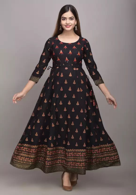 Long Gown - Rayon & Cotton Blend, Sizes M To Xxl, Mixed Color, Full Sleeves, Traditional Indian Style, Breathable & Washable, Printed Design