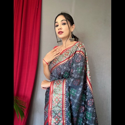 Patola Saree - Soft Silk Material, Allover Meenakari Patola Weaving, Rich Pallu, Opaque Finish, Ethnic Style In Red And Green For Festive Party Wear