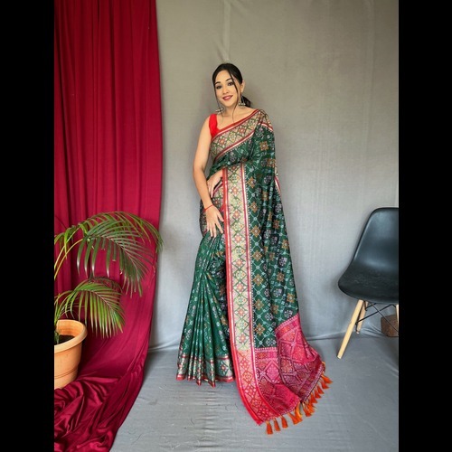 Patola Saree - Soft Silk Material, Allover Meenakari Patola Weaving, Rich Pallu, Opaque Finish, Ethnic Style In Red And Green For Festive Party Wear