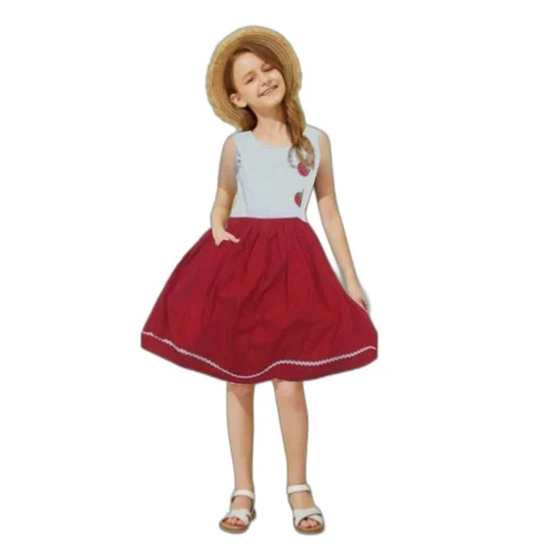 Red Sleeveless Check Frock With White Jacket Combo For Girls