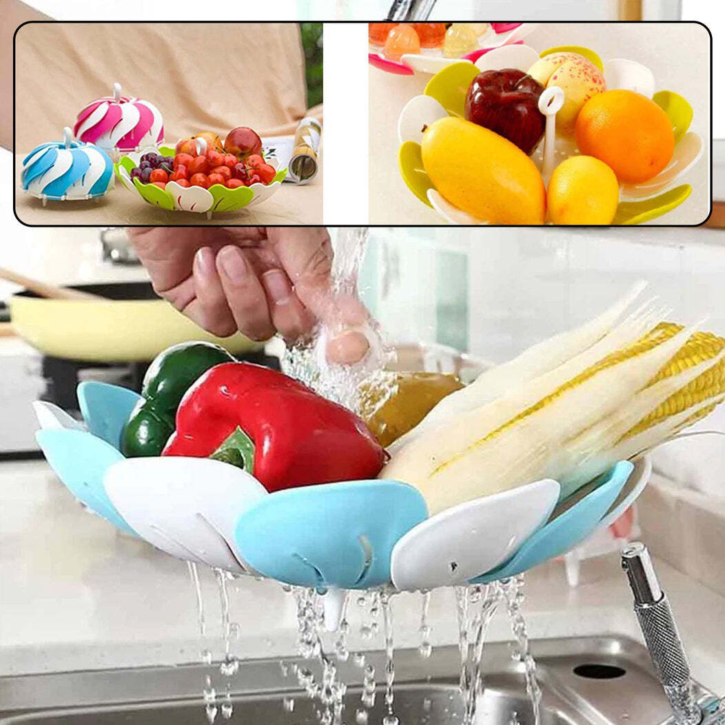 Lotus Shape Foldable Fruit Vegetable Basket Tray - Plastic Material, Mix Color | Unique Lotus Flower Inspired Design, Adjustable & Space-saving