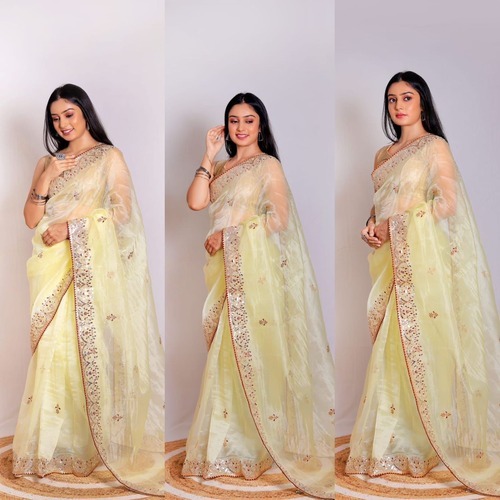 Orgenda Saree - Organza Fabric, Pink Color, Semi-transparent | Traditional Style With Zari Work & Embroidered Pattern For Festive Occasions