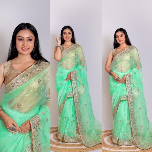 Orgenda Saree - Organza Fabric, Pink Color, Semi-transparent | Traditional Style With Zari Work & Embroidered Pattern For Festive Occasions