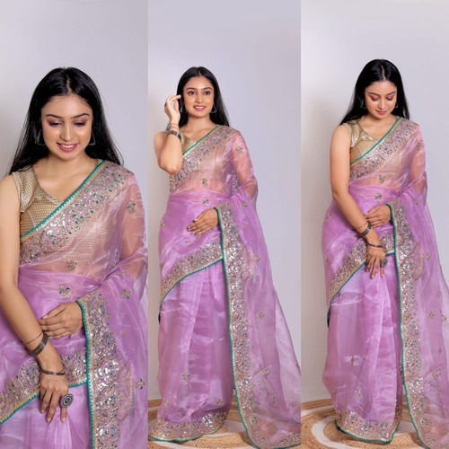 Orgenda Saree - Organza Fabric, Pink Color, Semi-transparent | Traditional Style With Zari Work & Embroidered Pattern For Festive Occasions