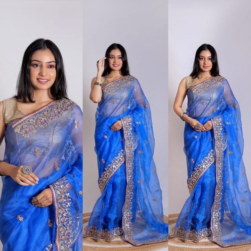 Orgenda Saree - Organza Fabric, Pink Color, Semi-transparent | Traditional Style With Zari Work & Embroidered Pattern For Festive Occasions