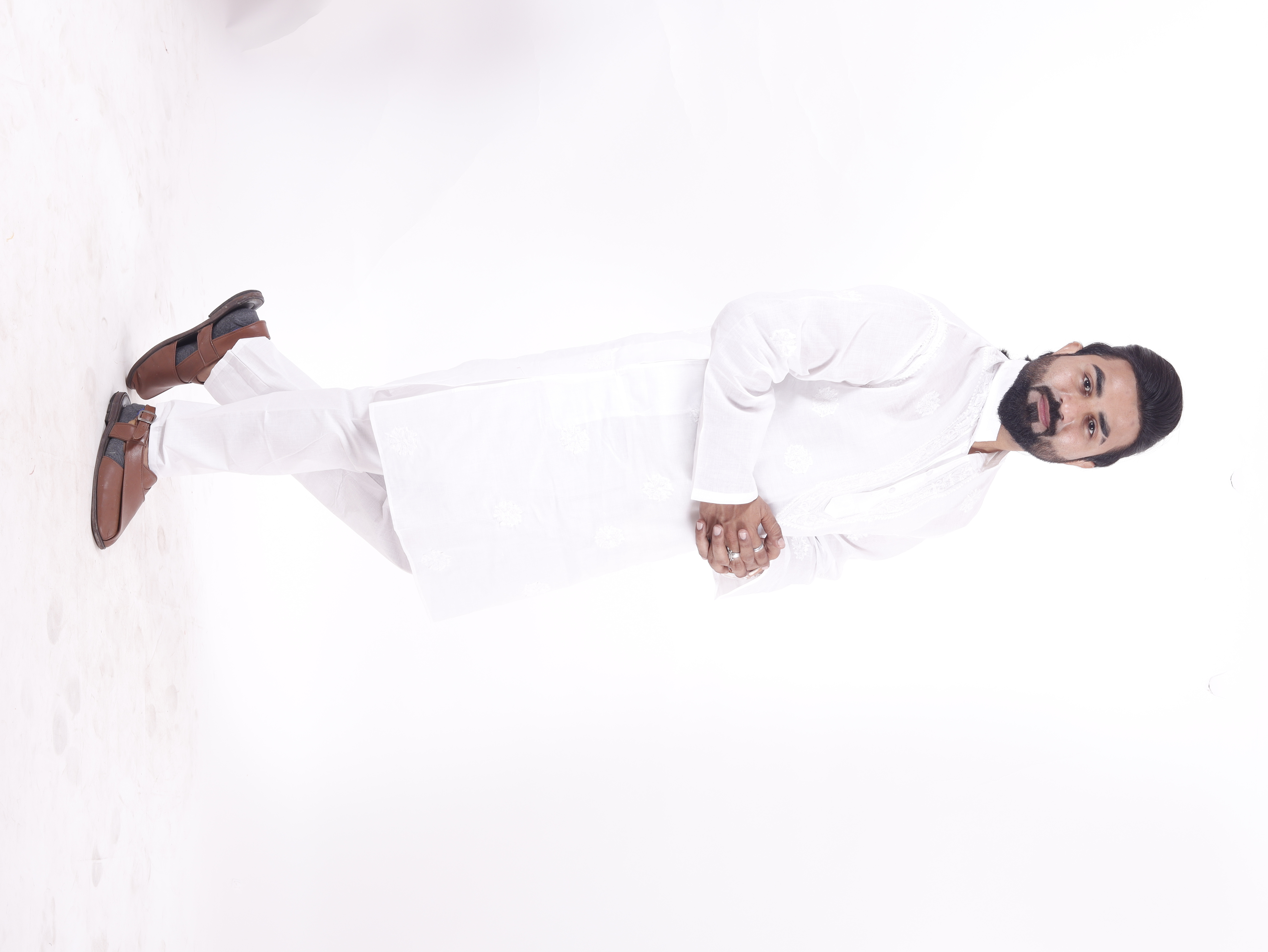 Chikan Kurta - White, Sizes 38 To 44 | Embroidered Mandarine Collar, Long Sleeves, Breathable, Cool Pass, Handwork Technique