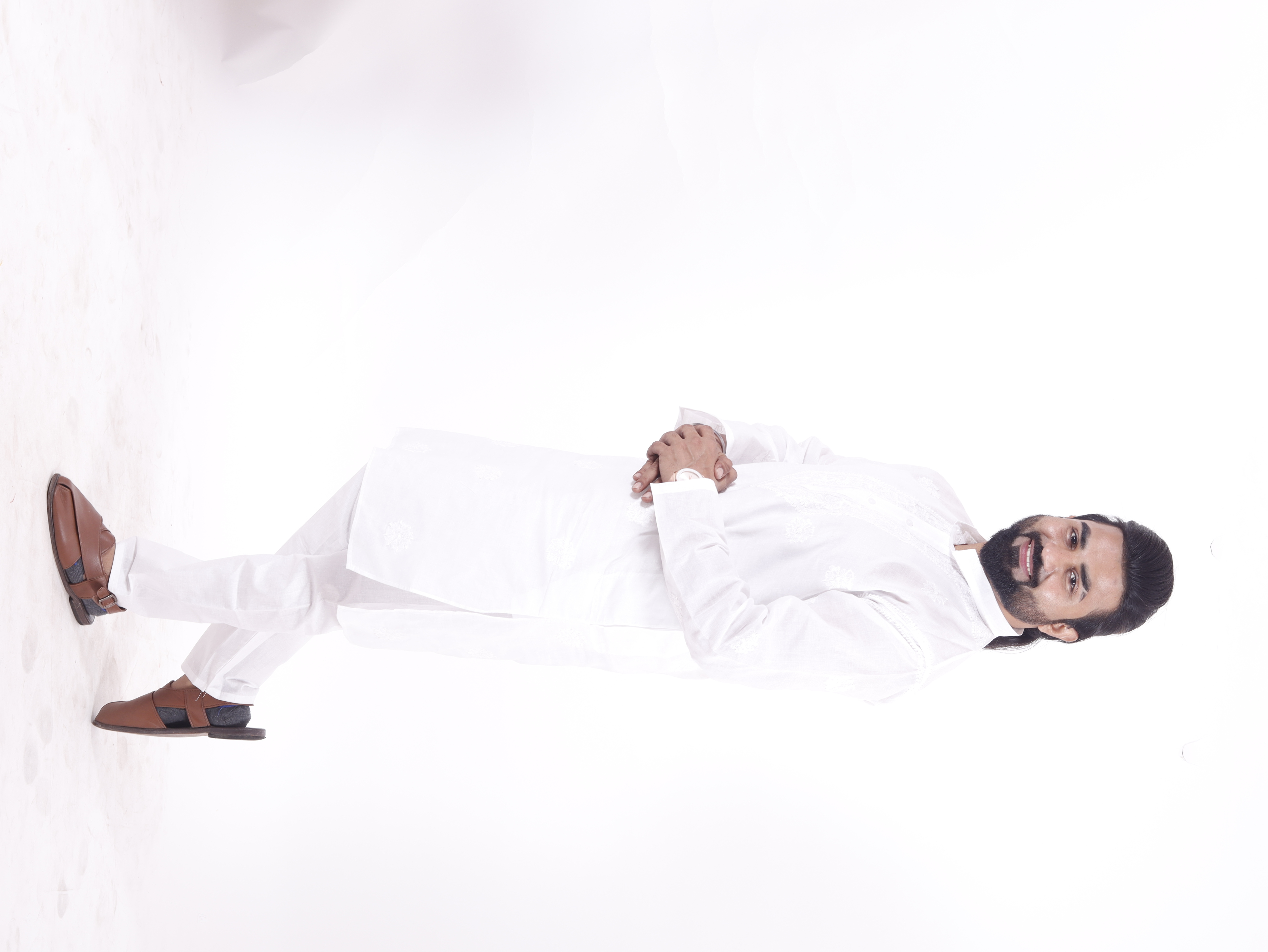 Chikan Kurta - White, Sizes 38 To 44 | Embroidered Mandarine Collar, Long Sleeves, Breathable, Cool Pass, Handwork Technique