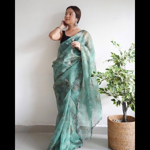 Organza Saree - Pure Organza Silk With Prism Print , Hand Jardoshi Work On Body And Aari Work Border