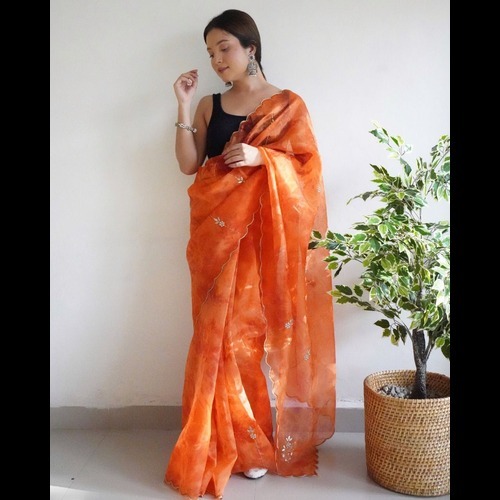 Organza Saree - Pure Organza Silk With Prism Print , Hand Jardoshi Work On Body And Aari Work Border