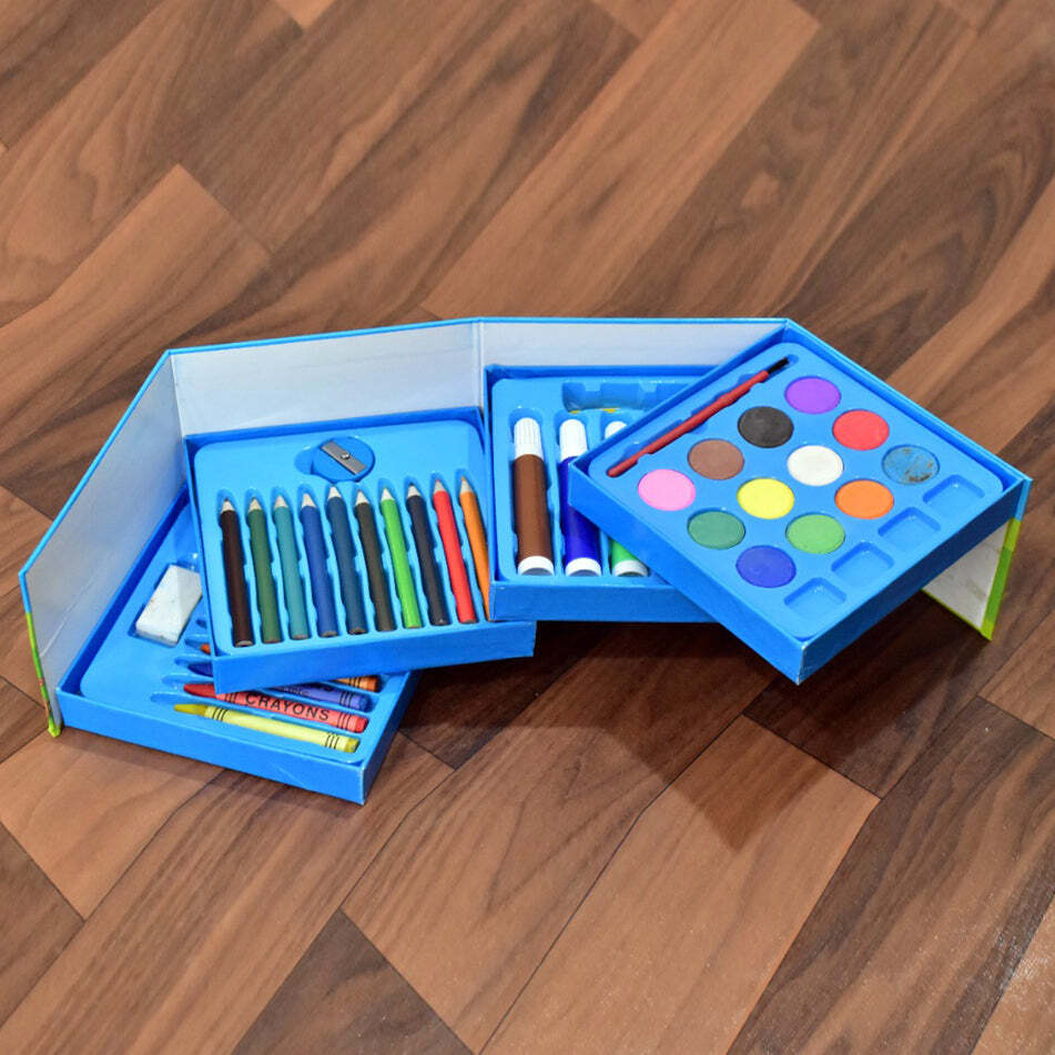 Coloring Combo Colors Box 48 Pieces (0858a) - Plastic Art Box Set, 12 Color Pencils, 12 Wax Crayons, 6 Felt Pens, 12 Watercolors, For Ages 1-13