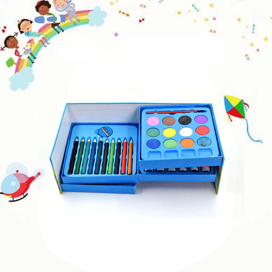 Coloring Combo Colors Box 48 Pieces (0858a) - Plastic Art Box Set, 12 Color Pencils, 12 Wax Crayons, 6 Felt Pens, 12 Watercolors, For Ages 1-13
