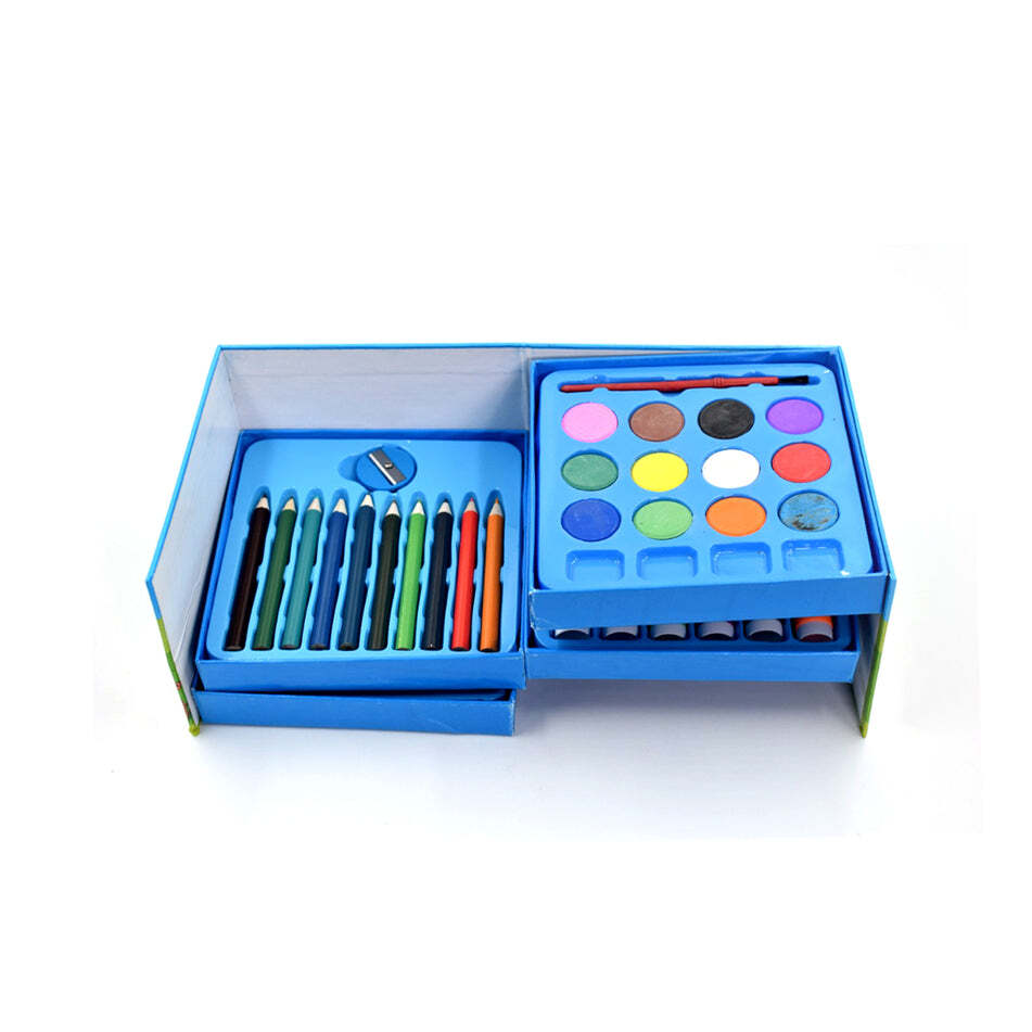 Coloring Combo Colors Box 48 Pieces (0858a) - Plastic Art Box Set, 12 Color Pencils, 12 Wax Crayons, 6 Felt Pens, 12 Watercolors, For Ages 1-13